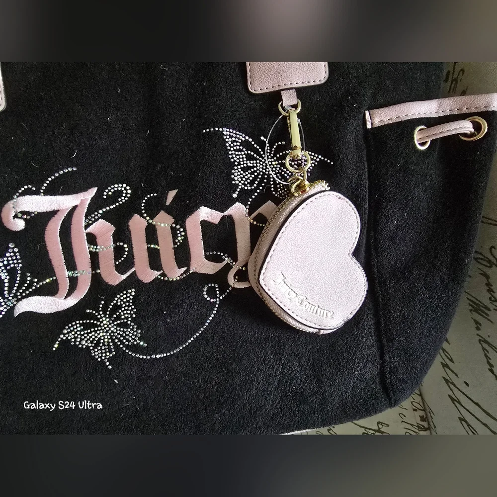 Juicy Couture Wingin It Tote Blk Liquorice/ Pink Diamond W/ Heart Coin Pouch NWT